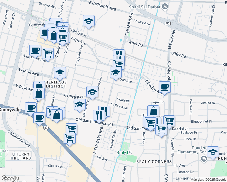 map of restaurants, bars, coffee shops, grocery stores, and more near 428 South Fair Oaks Avenue in Sunnyvale
