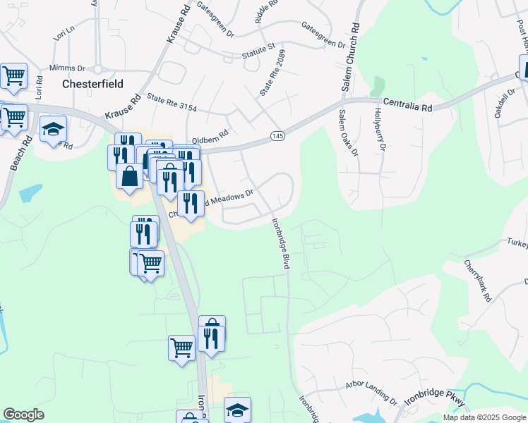 map of restaurants, bars, coffee shops, grocery stores, and more near 6300 Eagles Crest Lane in Chesterfield