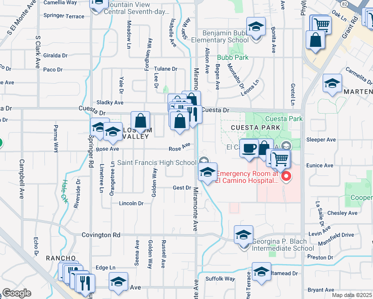 map of restaurants, bars, coffee shops, grocery stores, and more near 1808 Miramonte Avenue in Mountain View