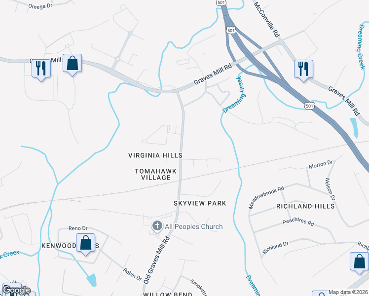 map of restaurants, bars, coffee shops, grocery stores, and more near 1104 Old Graves Mill Road in Lynchburg