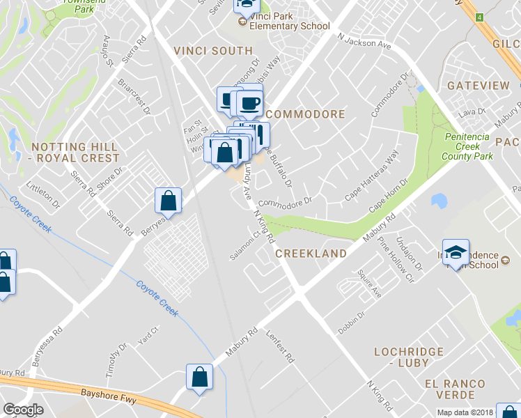 map of restaurants, bars, coffee shops, grocery stores, and more near 1674 Commodore Drive in San Jose