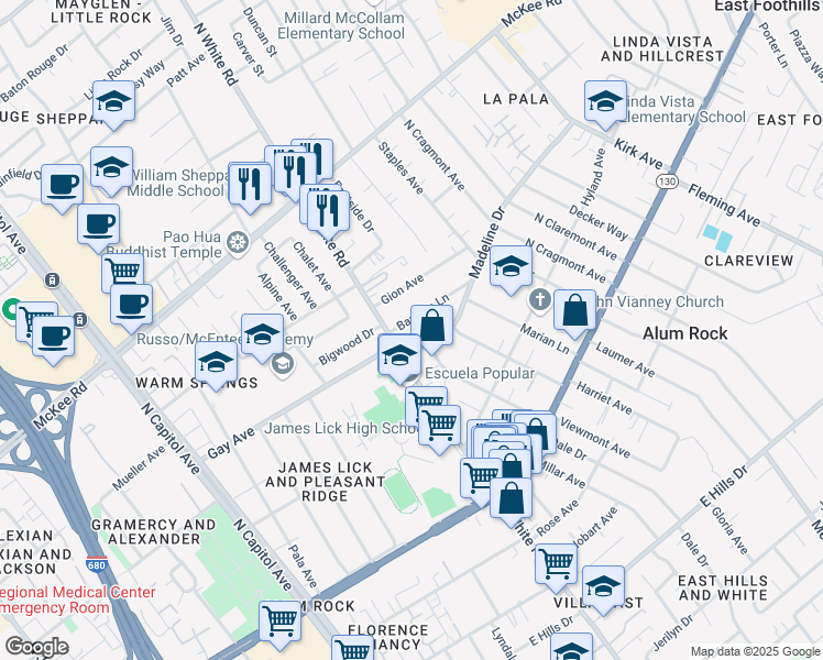 map of restaurants, bars, coffee shops, grocery stores, and more near 3120 Barletta Lane in San Jose