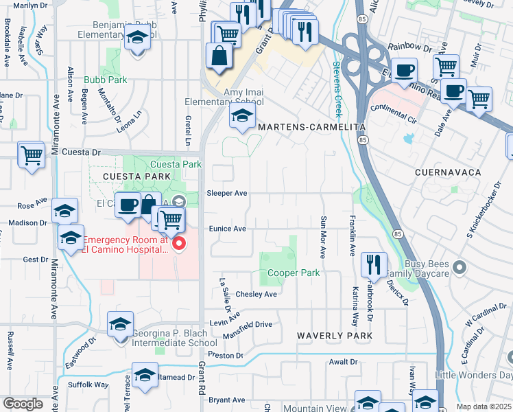 map of restaurants, bars, coffee shops, grocery stores, and more near 2325 Carol Avenue in Mountain View