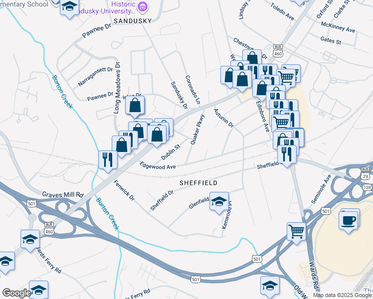 map of restaurants, bars, coffee shops, grocery stores, and more near 5909 Quaker Parkway in Lynchburg