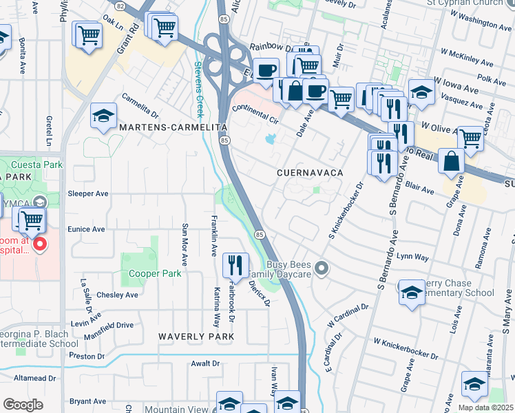 map of restaurants, bars, coffee shops, grocery stores, and more near 1398 Dale Avenue in Mountain View