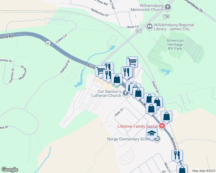 map of restaurants, bars, coffee shops, grocery stores, and more near 7521 Richmond Road in Williamsburg