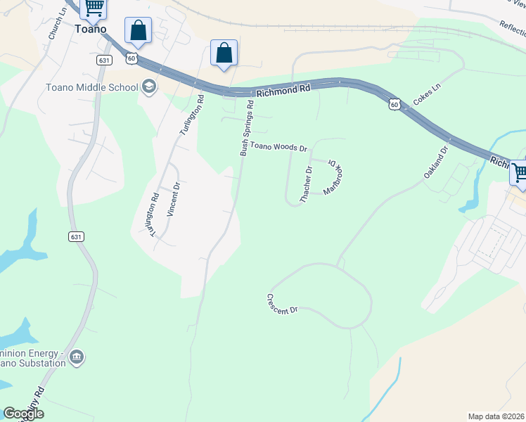 map of restaurants, bars, coffee shops, grocery stores, and more near 155 Bush Springs Rd in James City