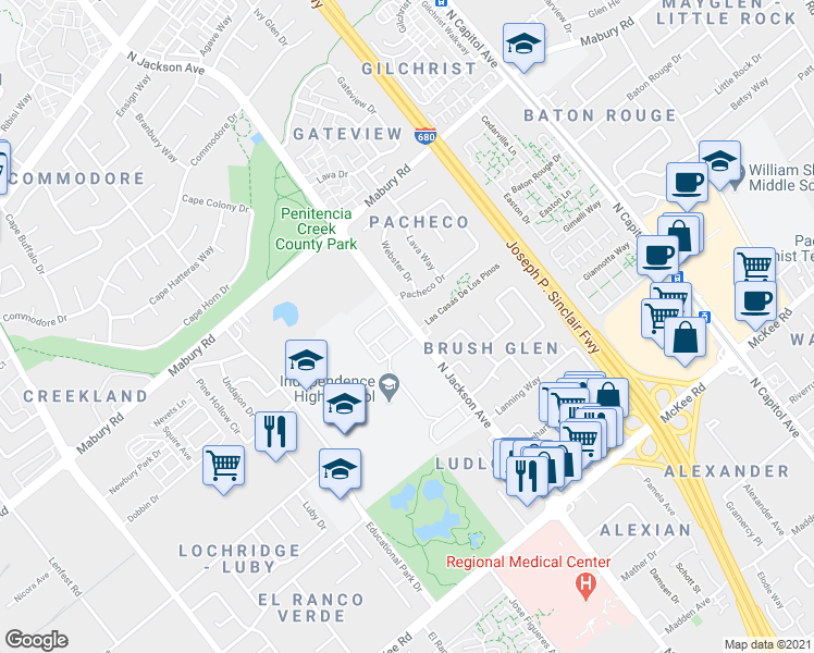 map of restaurants, bars, coffee shops, grocery stores, and more near 617 North Jackson Avenue in San Jose
