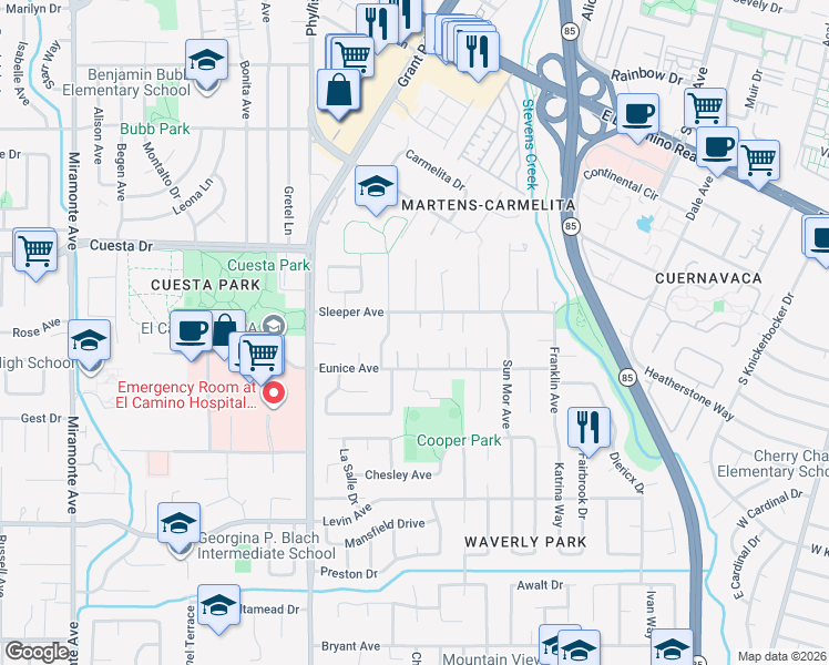 map of restaurants, bars, coffee shops, grocery stores, and more near 2325 Carol Avenue in Mountain View