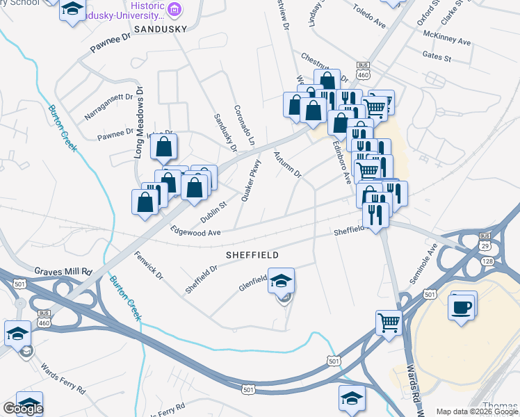 map of restaurants, bars, coffee shops, grocery stores, and more near 5731 Edinboro Avenue in Lynchburg