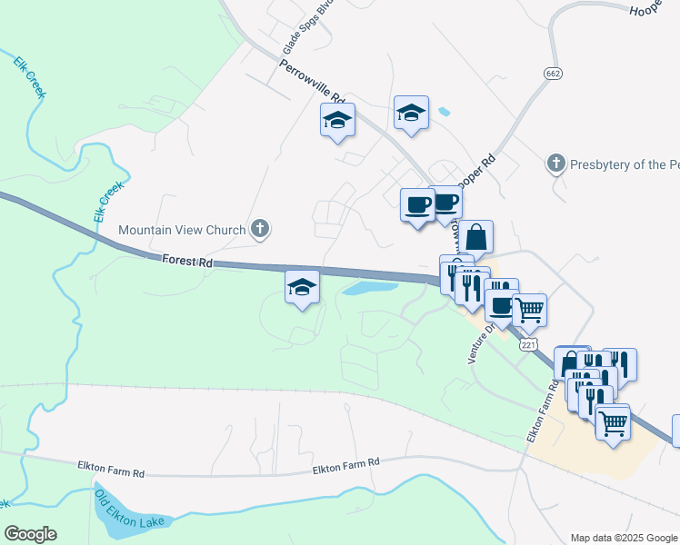 map of restaurants, bars, coffee shops, grocery stores, and more near 14070 Forest Road in Forest