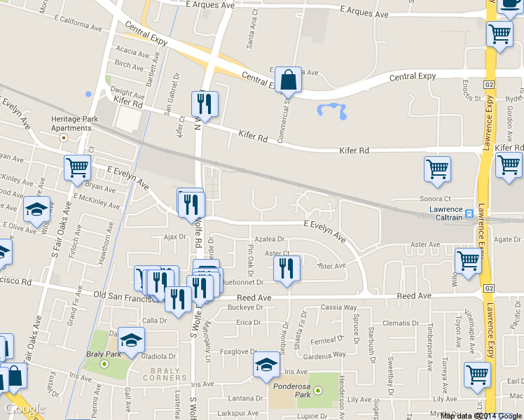 map of restaurants, bars, coffee shops, grocery stores, and more near 248 Red Oak Drive in Sunnyvale