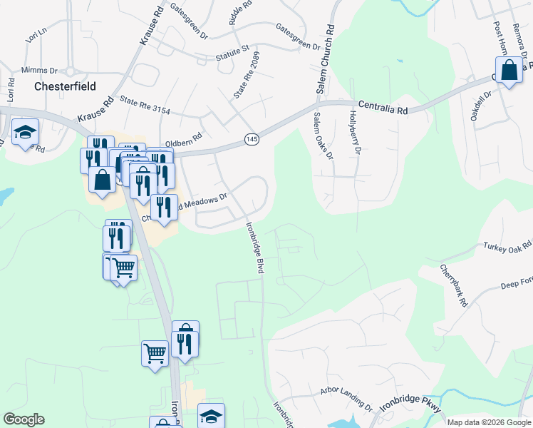 map of restaurants, bars, coffee shops, grocery stores, and more near 6104 Chesterfield Meadows Drive in Chesterfield