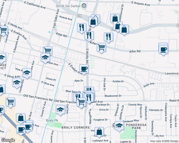 map of restaurants, bars, coffee shops, grocery stores, and more near 243 Peppermint Tree Terrace in Sunnyvale