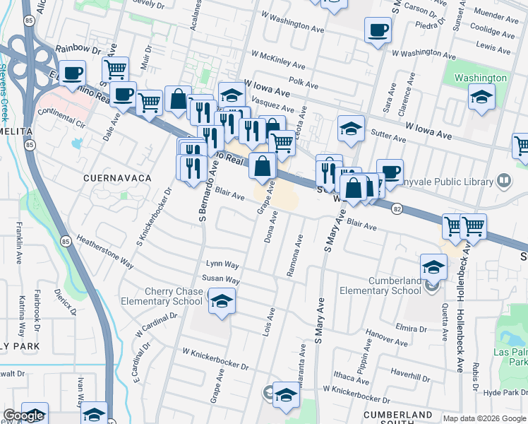 map of restaurants, bars, coffee shops, grocery stores, and more near 702 Grape Avenue in Sunnyvale