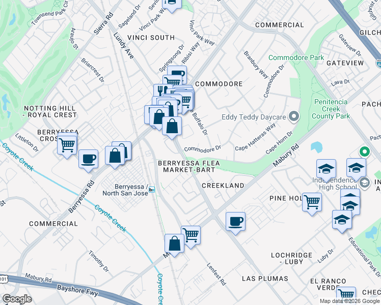 map of restaurants, bars, coffee shops, grocery stores, and more near 1682 Commodore Drive in San Jose