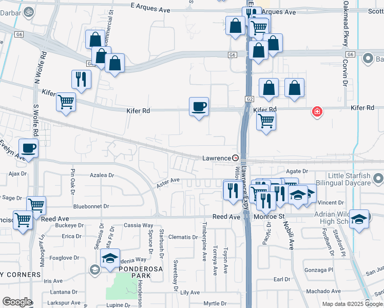 map of restaurants, bars, coffee shops, grocery stores, and more near 1195 Willow Avenue in Sunnyvale