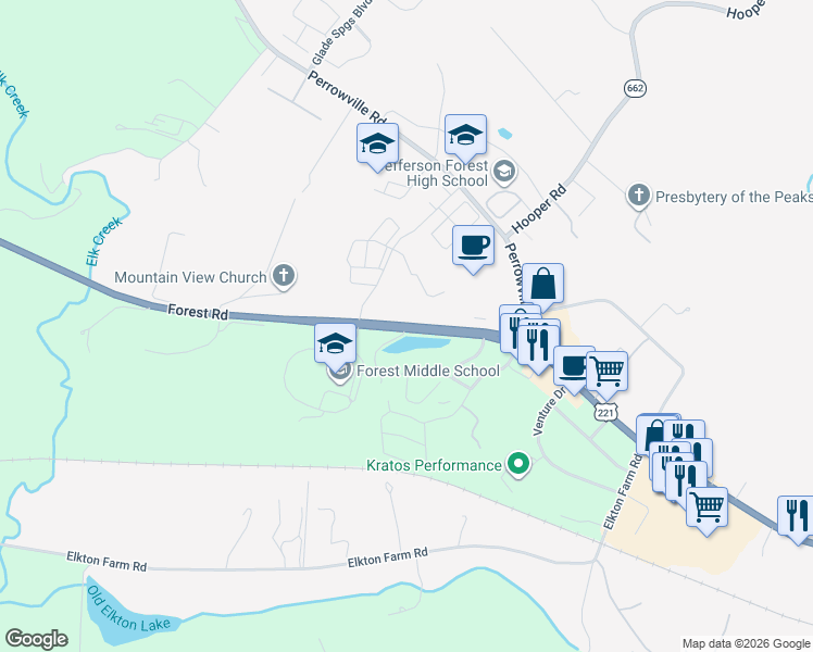 map of restaurants, bars, coffee shops, grocery stores, and more near 14176 Forest Road in Forest