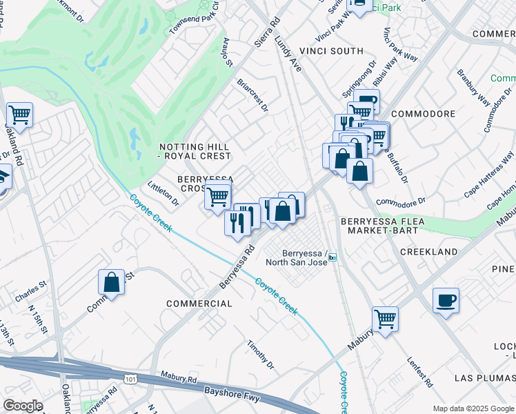 map of restaurants, bars, coffee shops, grocery stores, and more near 1011 Bellante Lane in San Jose