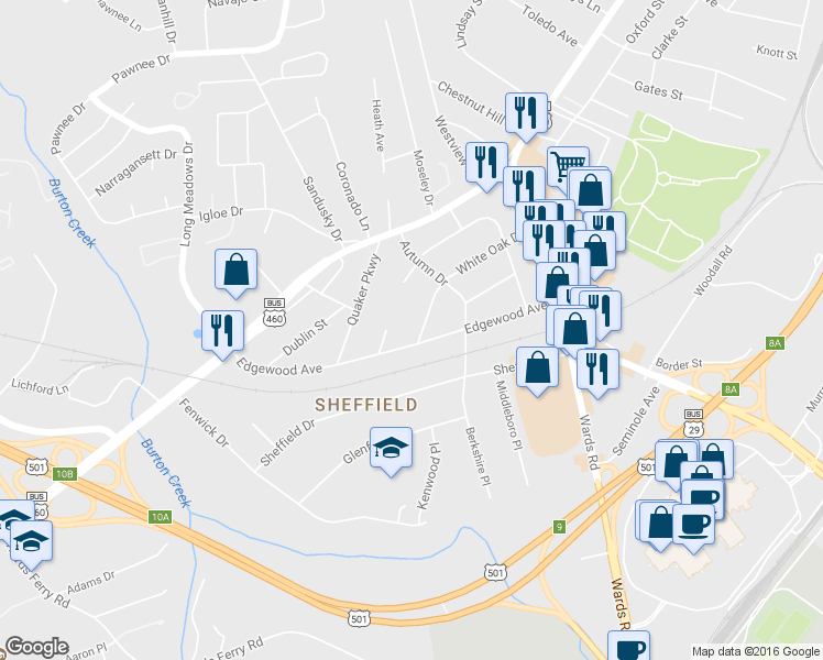 map of restaurants, bars, coffee shops, grocery stores, and more near 5729 White Oak Drive in Lynchburg