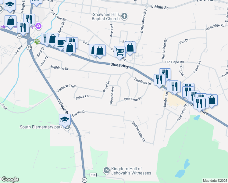 map of restaurants, bars, coffee shops, grocery stores, and more near 1120 Apache Avenue in Jackson