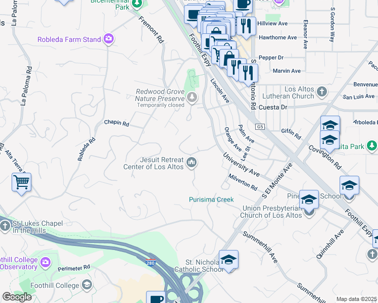 map of restaurants, bars, coffee shops, grocery stores, and more near 699 Manresa Lane in Los Altos