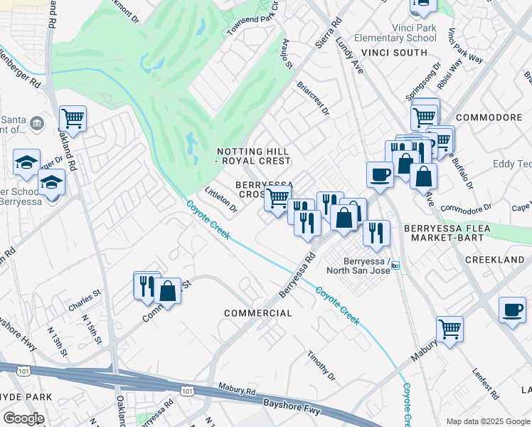 map of restaurants, bars, coffee shops, grocery stores, and more near 1336 Neleigh Place in San Jose