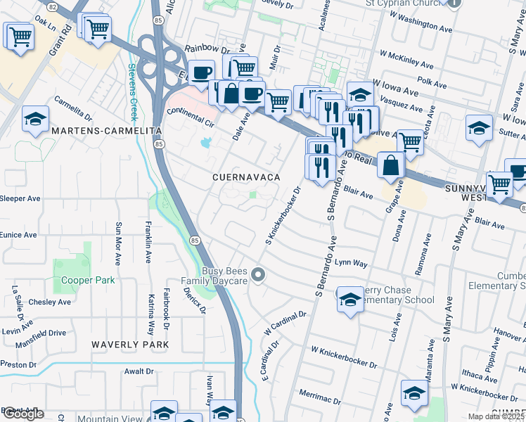 map of restaurants, bars, coffee shops, grocery stores, and more near 1149 Elena Privada in Mountain View