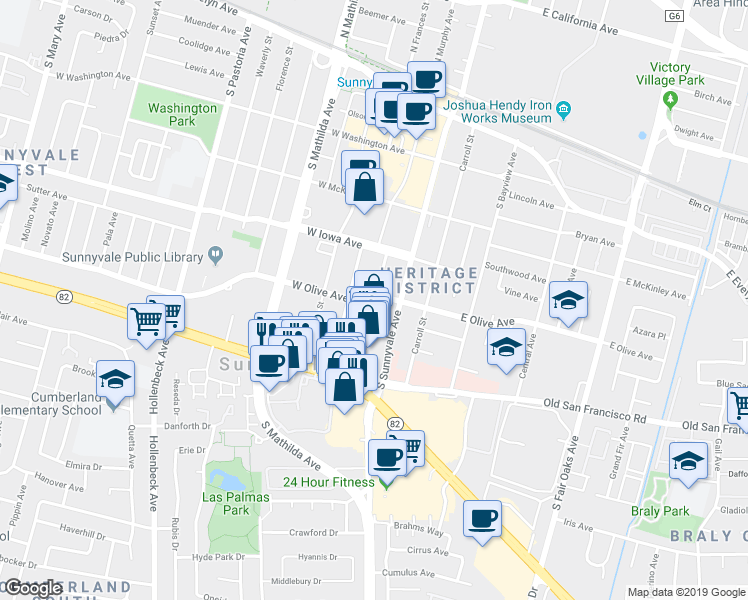 map of restaurants, bars, coffee shops, grocery stores, and more near 101 West Olive Avenue in Sunnyvale