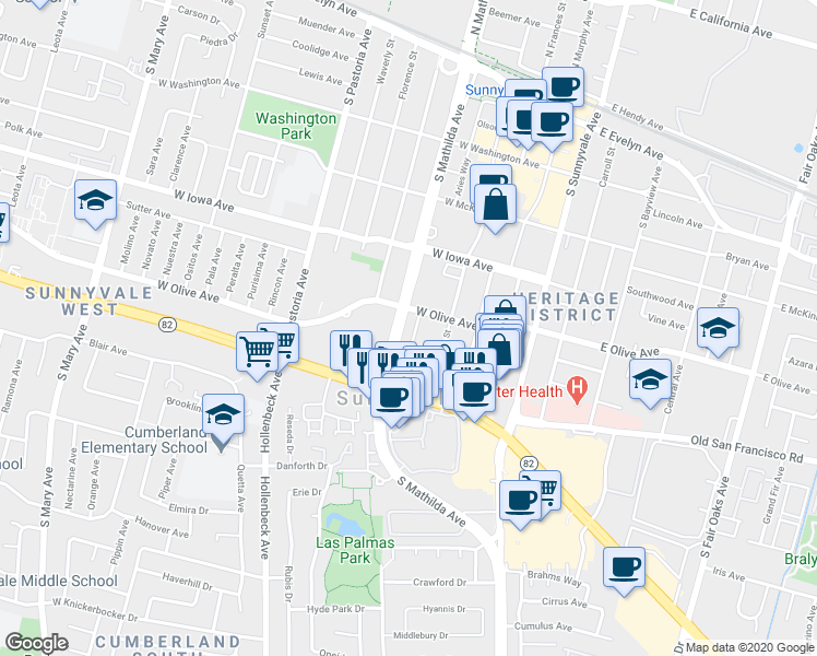 map of restaurants, bars, coffee shops, grocery stores, and more near 364 West Olive Avenue in Sunnyvale