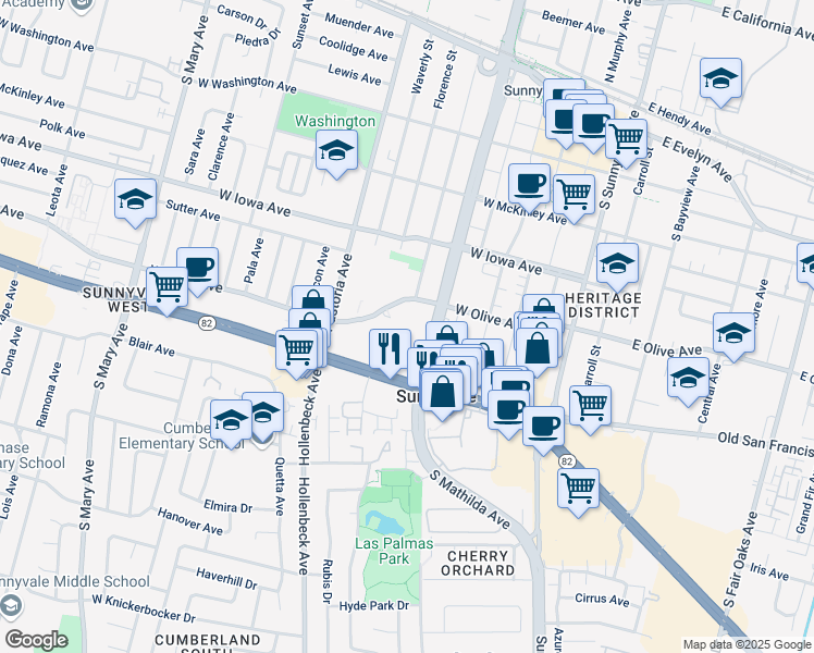 map of restaurants, bars, coffee shops, grocery stores, and more near in Sunnyvale