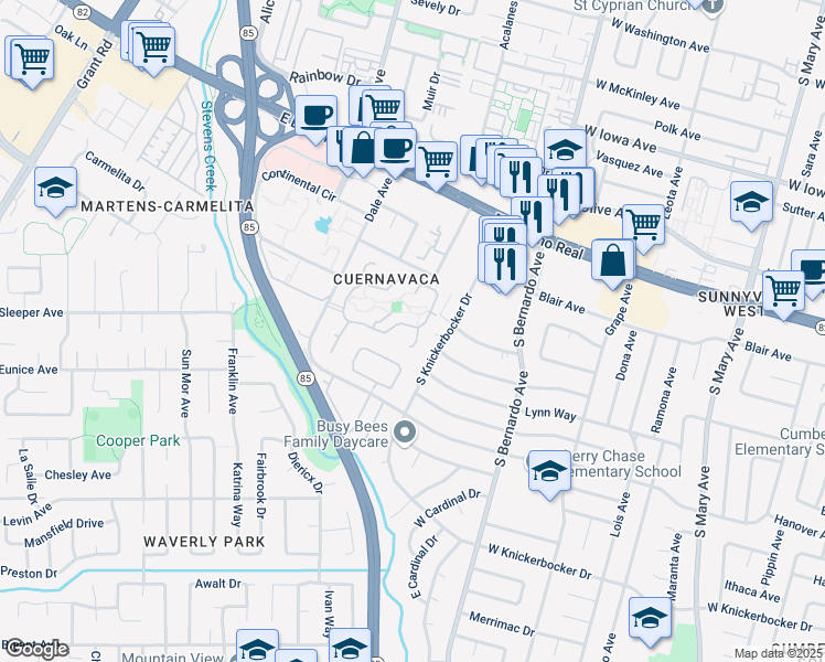 map of restaurants, bars, coffee shops, grocery stores, and more near 1149 Elena Privada in Mountain View