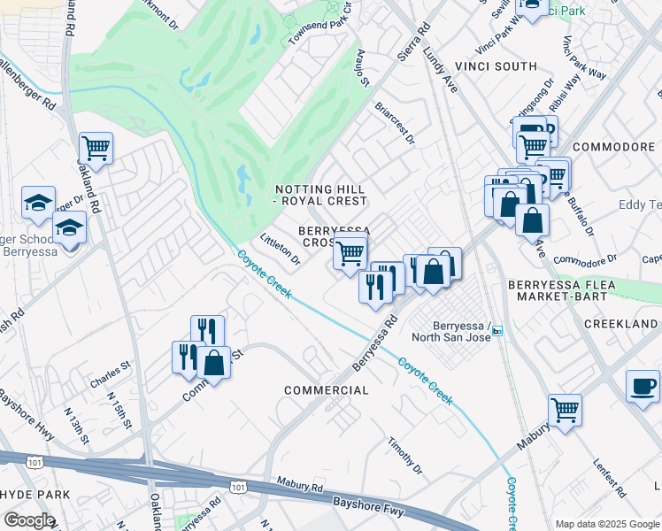 map of restaurants, bars, coffee shops, grocery stores, and more near 1336 Neleigh Place in San Jose
