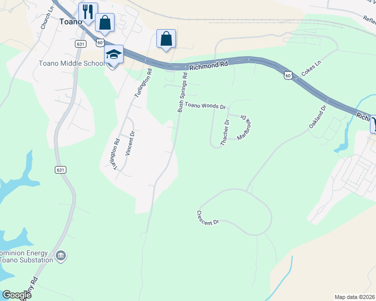 map of restaurants, bars, coffee shops, grocery stores, and more near 155 Bush Springs Rd in James City
