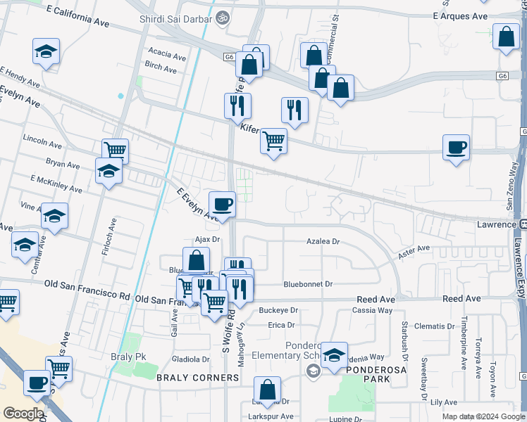 map of restaurants, bars, coffee shops, grocery stores, and more near 895 East Evelyn Avenue in Sunnyvale