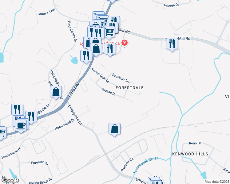map of restaurants, bars, coffee shops, grocery stores, and more near 216 Graves Drive in Lynchburg