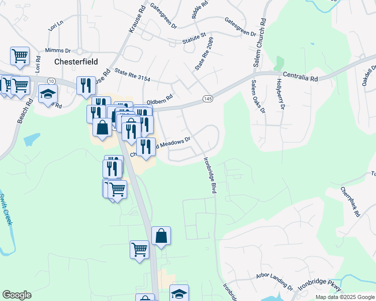 map of restaurants, bars, coffee shops, grocery stores, and more near 6341 Eagles Crest Lane in Chesterfield