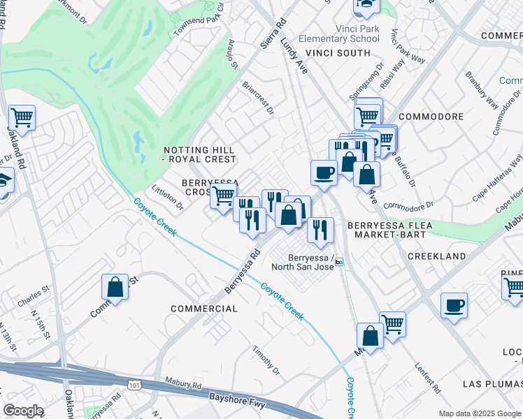 map of restaurants, bars, coffee shops, grocery stores, and more near 1011 Bellante Lane in San Jose