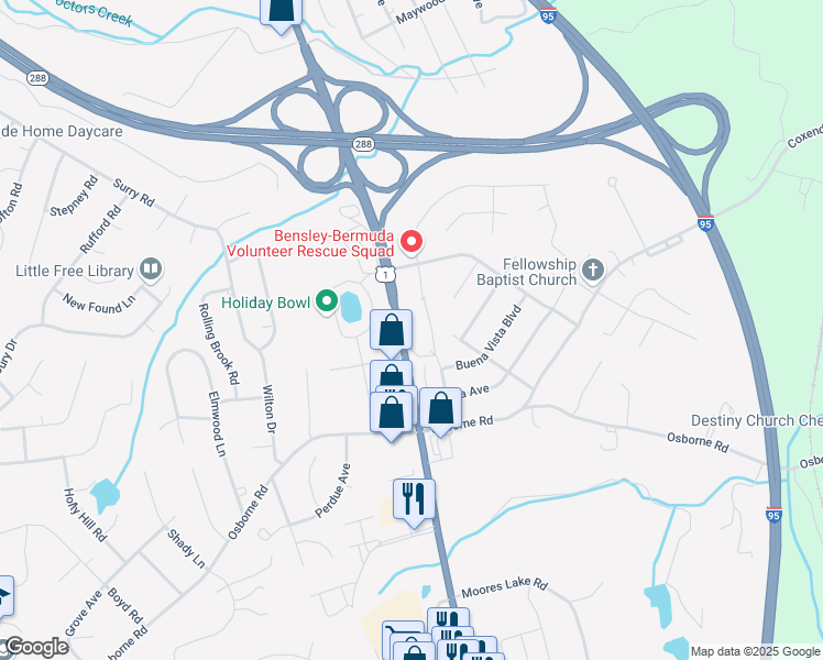 map of restaurants, bars, coffee shops, grocery stores, and more near 11501 Jefferson Davis Highway in Chester