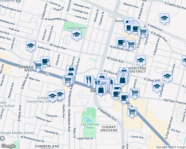 map of restaurants, bars, coffee shops, grocery stores, and more near 456 West Olive Avenue in Sunnyvale