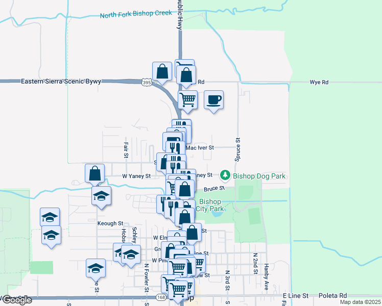 map of restaurants, bars, coffee shops, grocery stores, and more near 166 Mac Iver Street in Bishop
