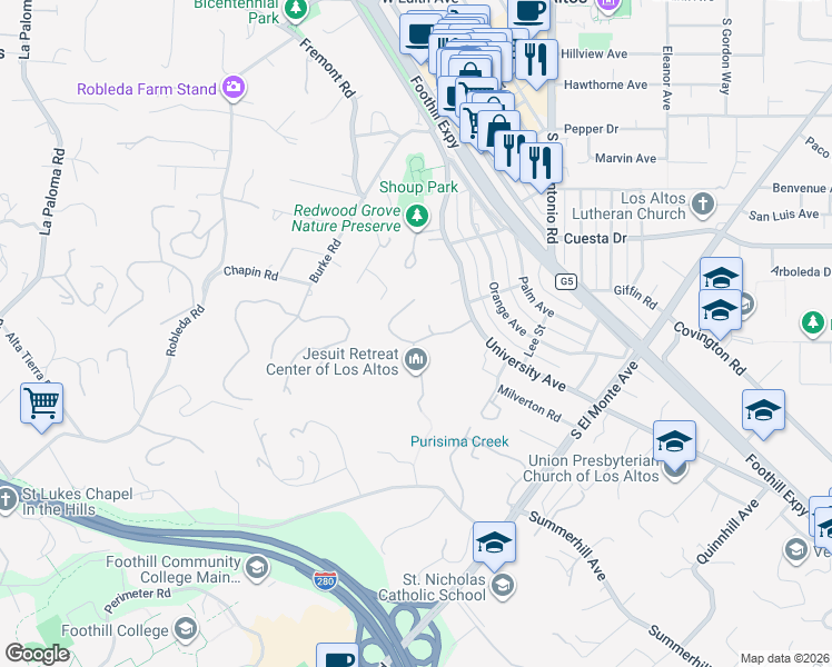 map of restaurants, bars, coffee shops, grocery stores, and more near 230 Manresa Court in Los Altos