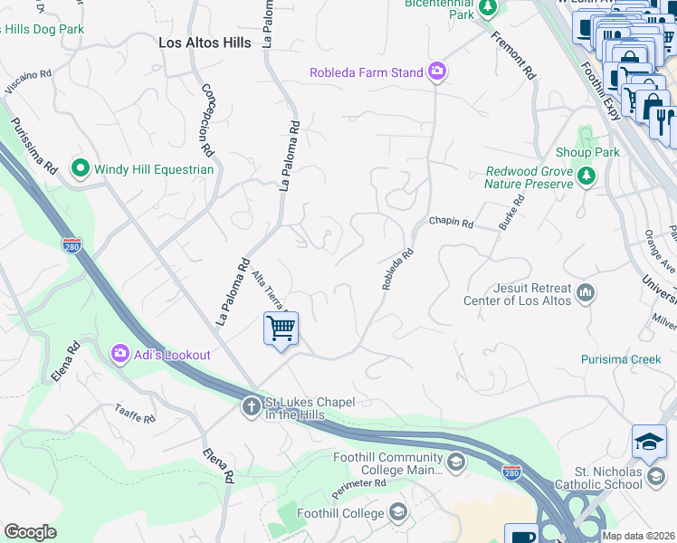 map of restaurants, bars, coffee shops, grocery stores, and more near 13643 Wildcrest Drive in Los Altos Hills