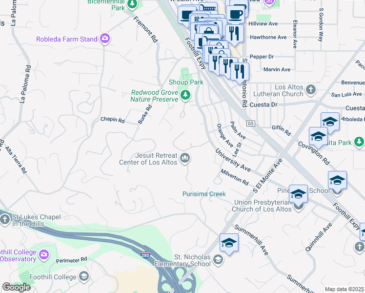 map of restaurants, bars, coffee shops, grocery stores, and more near 699 Manresa Lane in Los Altos