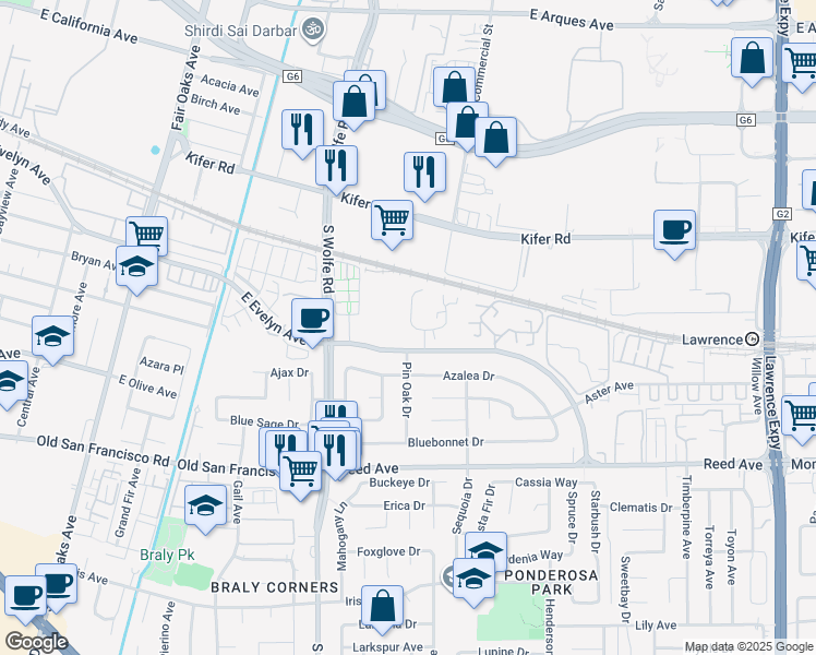 map of restaurants, bars, coffee shops, grocery stores, and more near 225 Red Oak Drive West in Sunnyvale