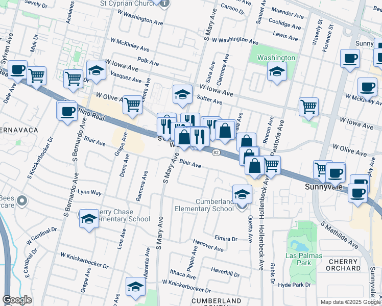 map of restaurants, bars, coffee shops, grocery stores, and more near 970 West El Camino Real in Sunnyvale
