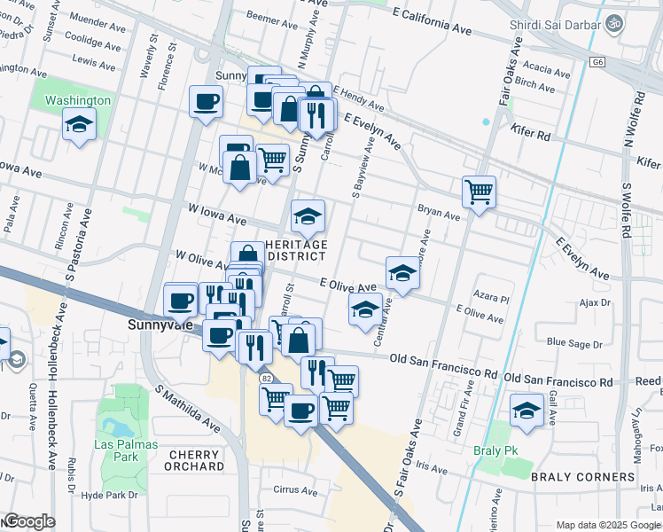 map of restaurants, bars, coffee shops, grocery stores, and more near 445 South Bayview Avenue in Sunnyvale