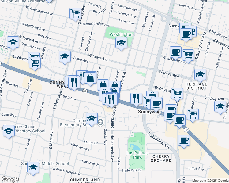 map of restaurants, bars, coffee shops, grocery stores, and more near 505 South Pastoria Avenue in Sunnyvale