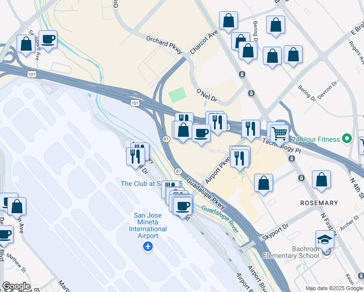 map of restaurants, bars, coffee shops, grocery stores, and more near 2033 Gateway Place in San Jose
