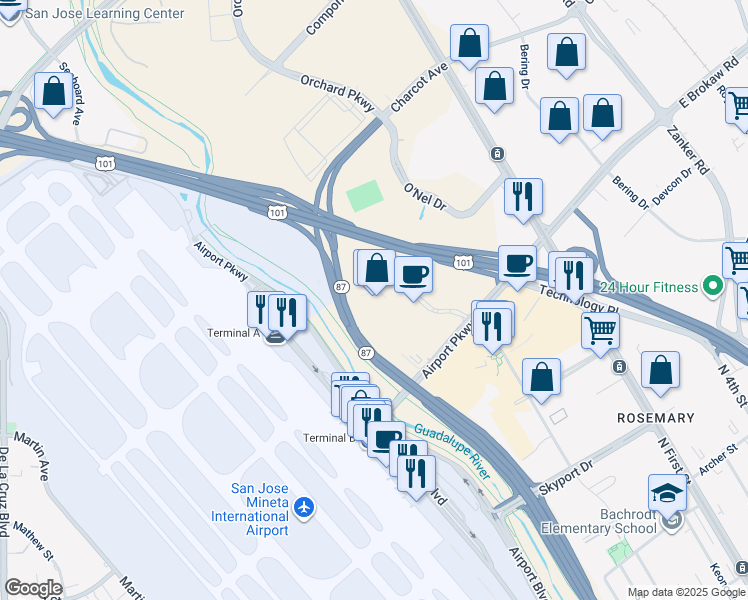 map of restaurants, bars, coffee shops, grocery stores, and more near 2033 Gateway Place in San Jose